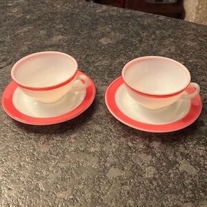 Pyrex Set of 2 Cups and Saucers Red Rim Milk Glass 8oz